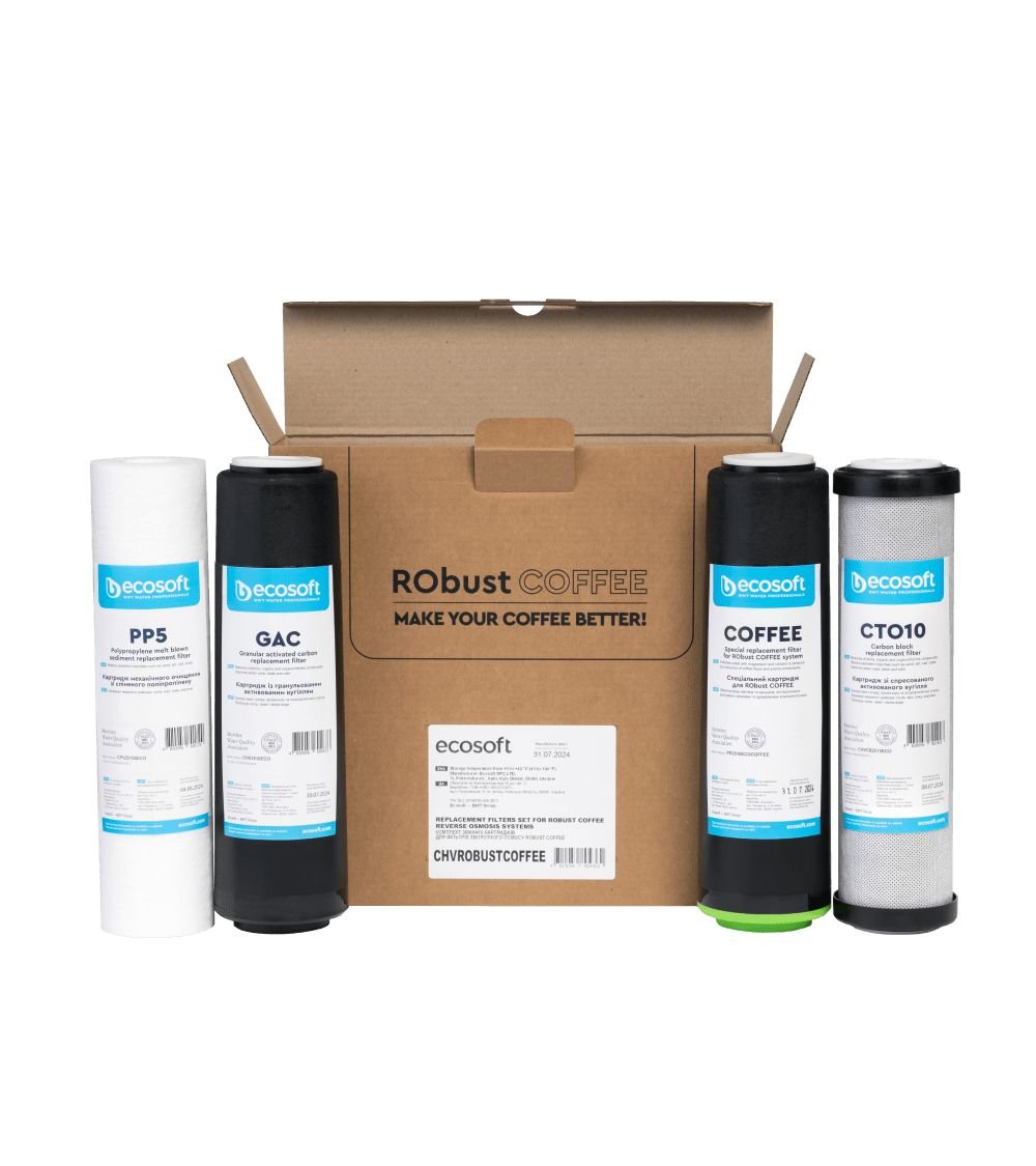 „Ecosoft“ atvirkštinio osmoso filtro "RObust PRO" atsarginių filtrų rinkinys 1-2-3-4, KAINA: 33.93566, KODAS: CHVROBUSTCOFFEE | 