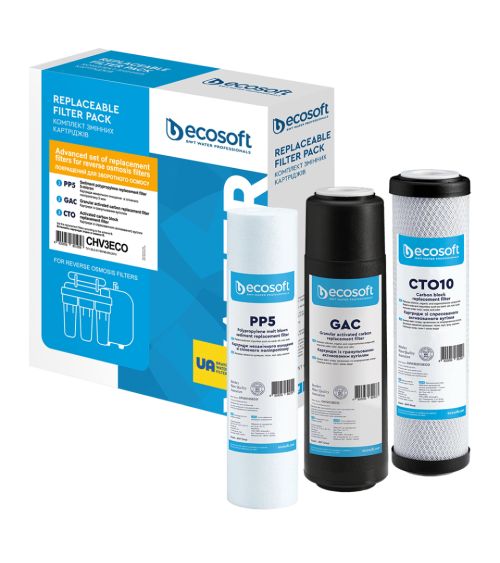 „Ecosoft“ pakaitinių filtrų rinkinys 3 pakopų vandens filtrams PP5-GAC-CTO, KAINA: 8.58979, KODAS: CHV3ECO-GP | 001