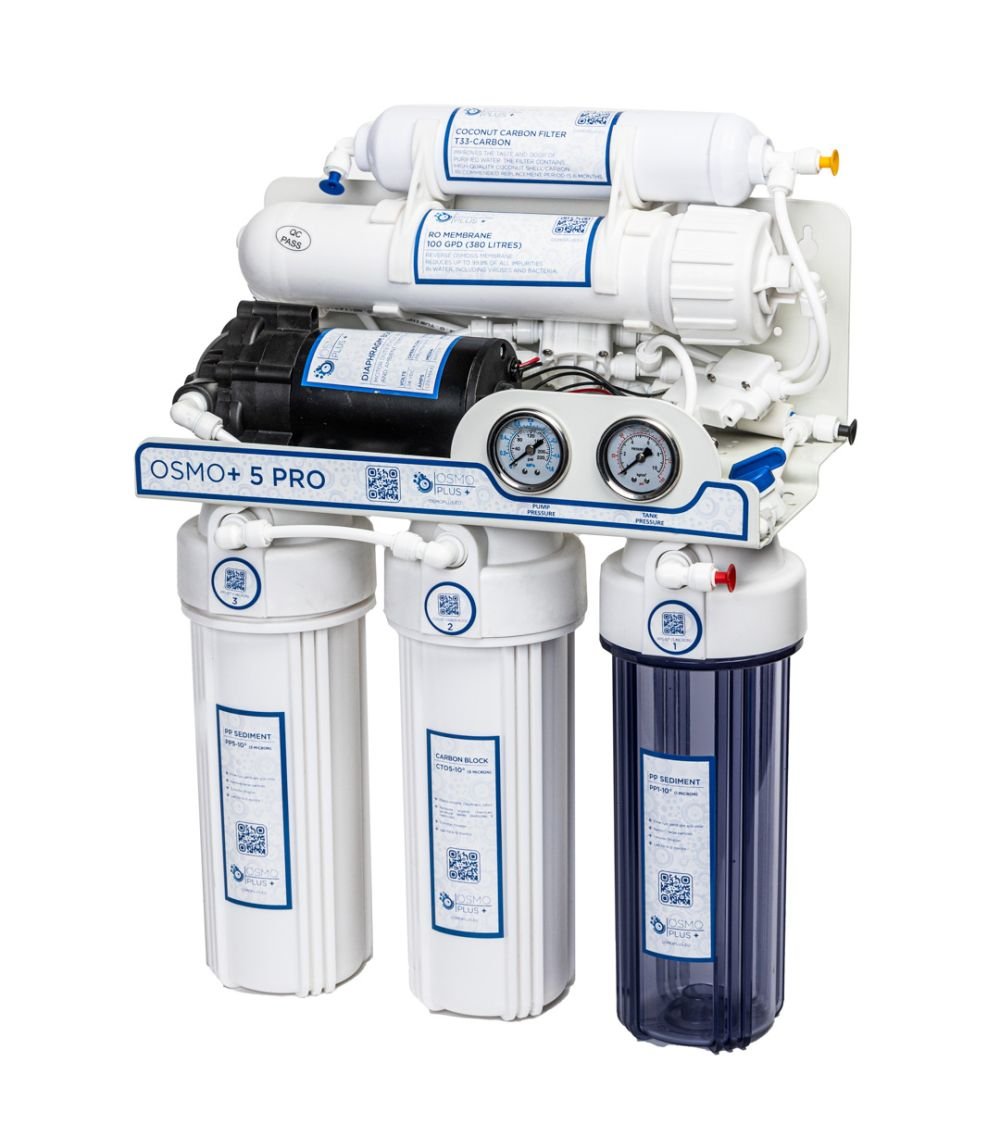 Atvirkštinio osmoso sistema RO5 Pro 100 GPD su siurbliu ir manometrais, KAINA: 173.47, KODAS: RO5-LUX-PUMP | 001
